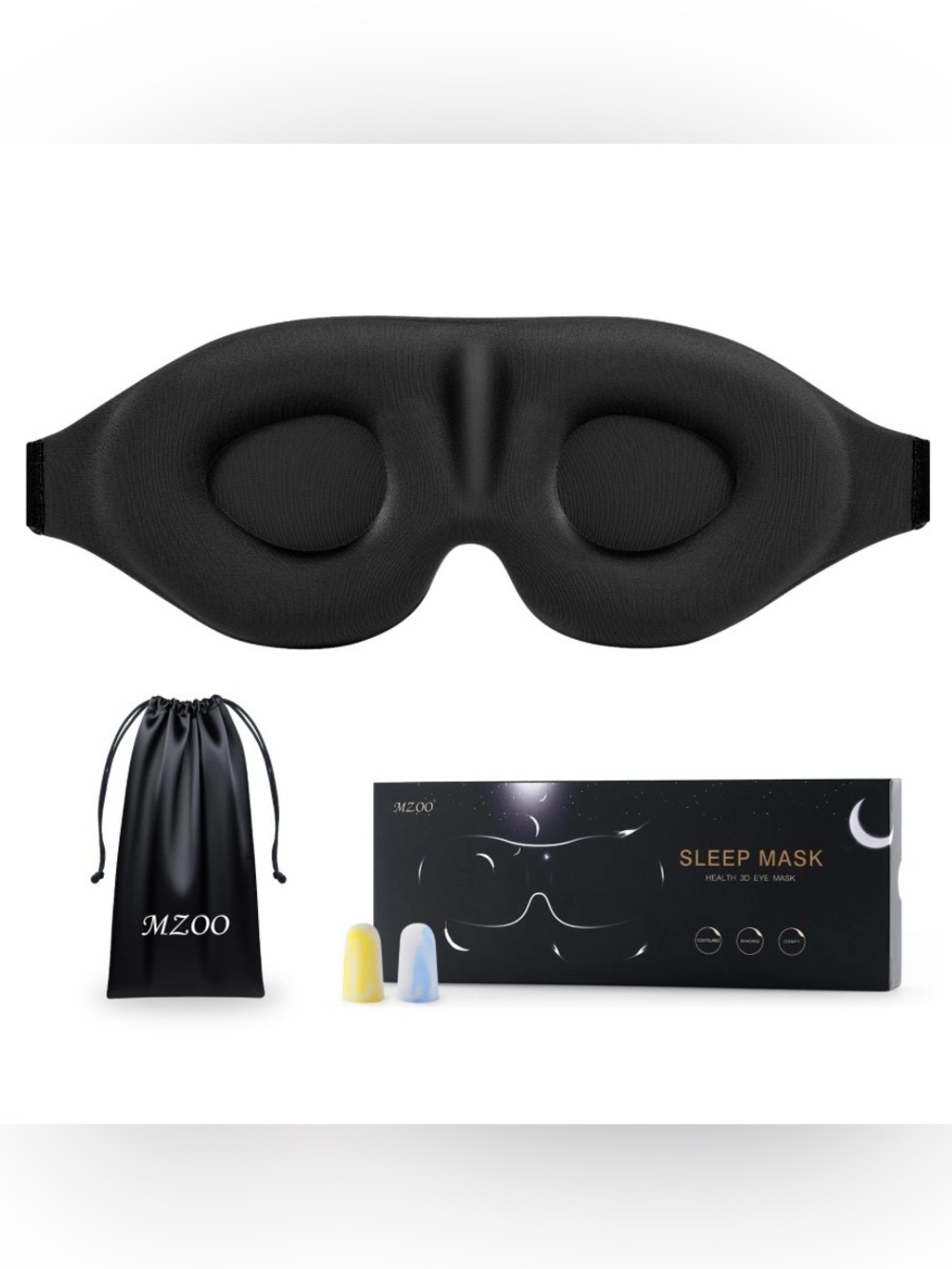 3D Sleep Mask with Ear Plugs & Storage Bag 100% Light Blocking ADULT - BLACK